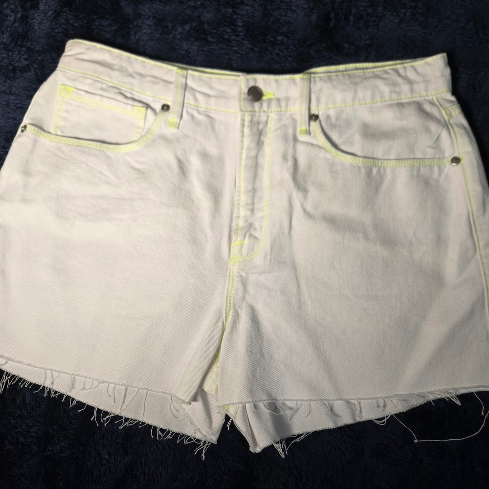 Good American White Denim Shorts Neon Yellow Stitching High Rise NWT Sz10